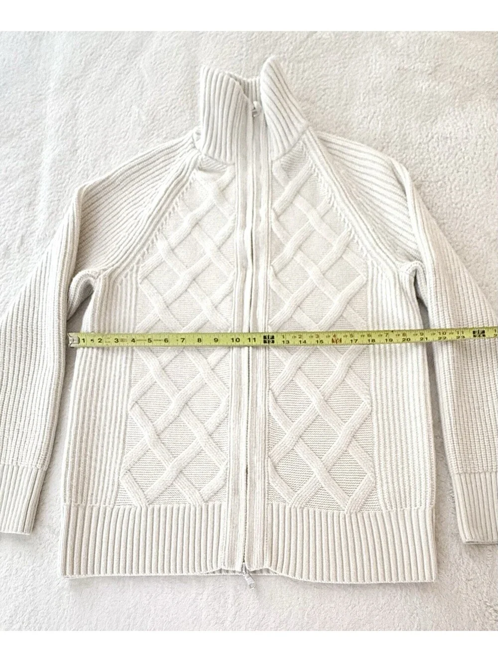 Banana Republic Mens L Merino Wool Blend Cable Knit Full Zip Sweater Ivory